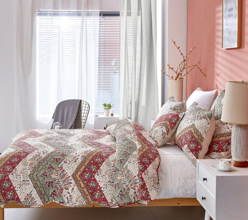 DaDa Bedding Bohemian Quilted Floral Bedspread Set - Rustic Cranberry Red Sage Green Chevron Paisley Filigree Lightweight Coverlet - Scalloped Edges Colorful Orange & Ivory White - King - 3-Pieces - Image 4